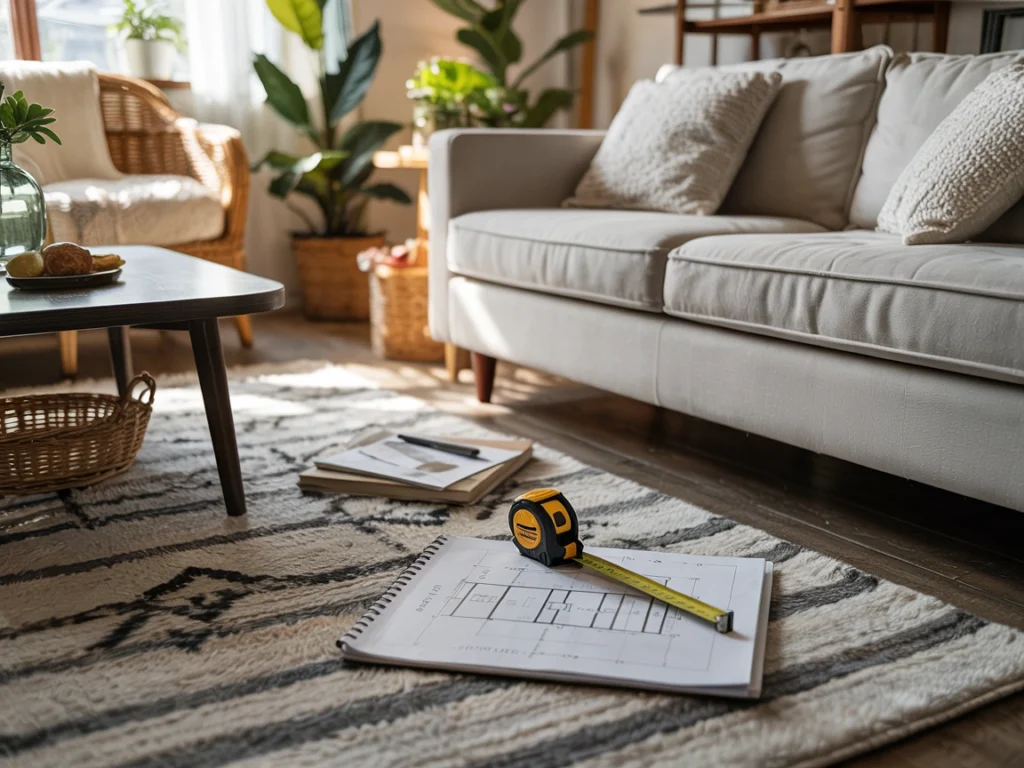 Cozy living room layout with measuring tools and luxury living room furniture including a beige sofa and wooden coffee table.