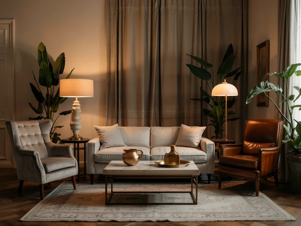 Stylish luxury living room furniture setup with tufted chairs, modern lighting, and a sleek beige sofa.