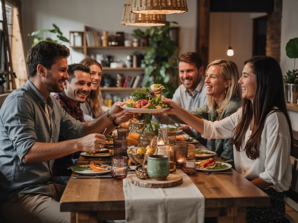 Family sitting on a dining bench sharing a joyful mealtime experience