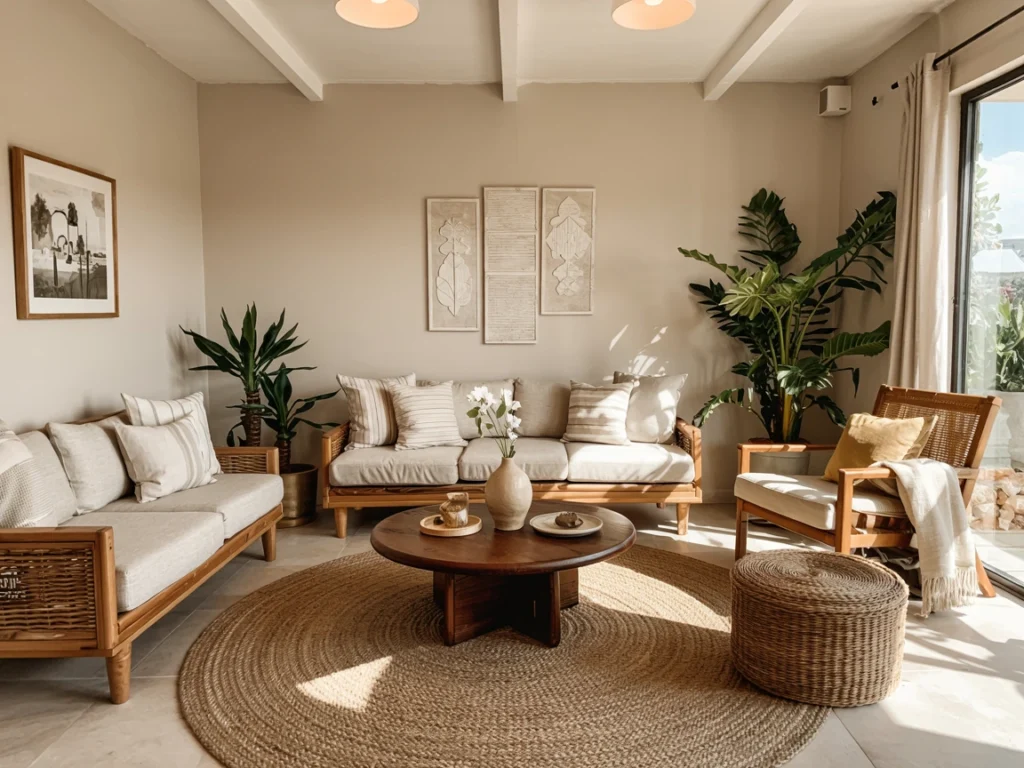 living room design centered on wooden round coffee table