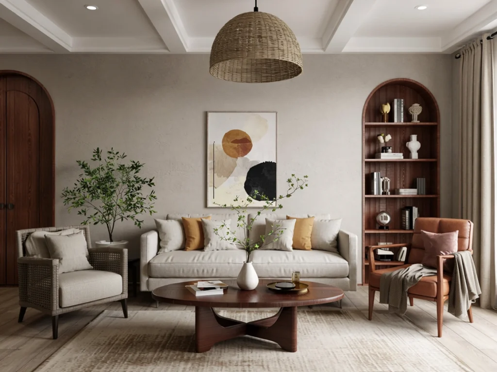 Elegant space showcasing luxury living room furniture with soft textures and sculptural decor pieces.