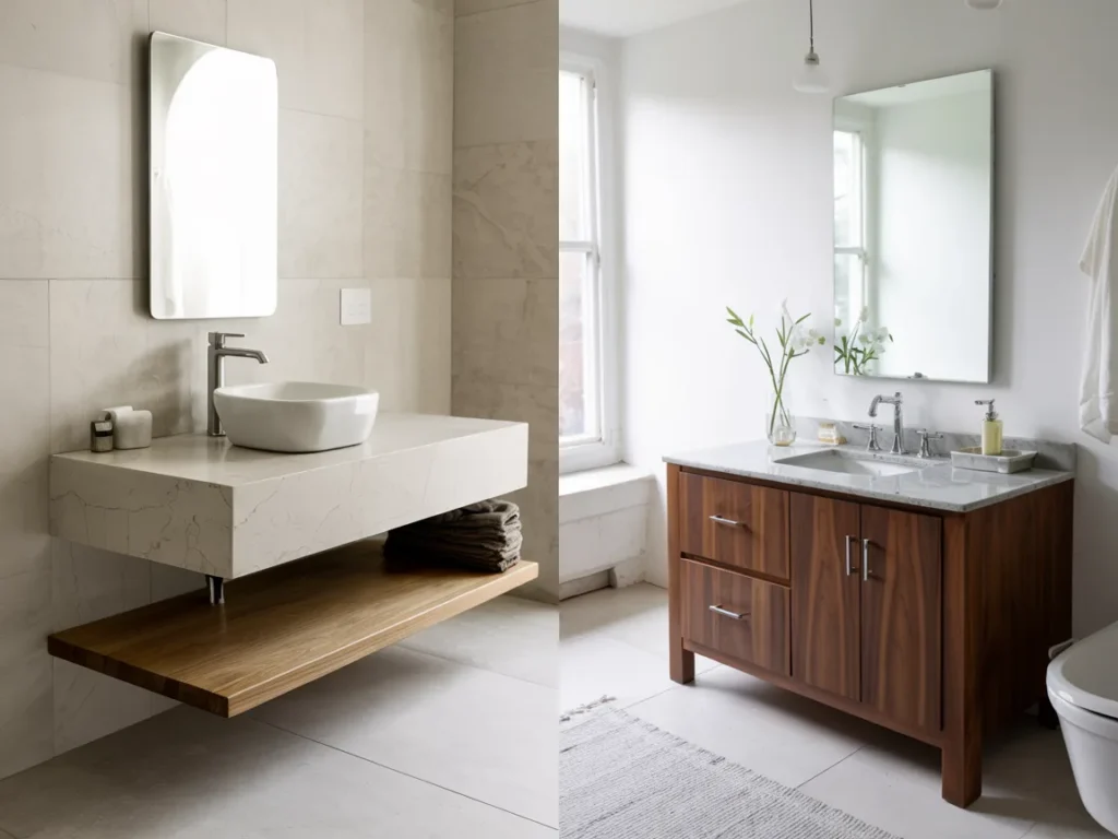 Side-by-side comparison of a wall mounted bathroom vanity and a traditional freestanding vanity.
