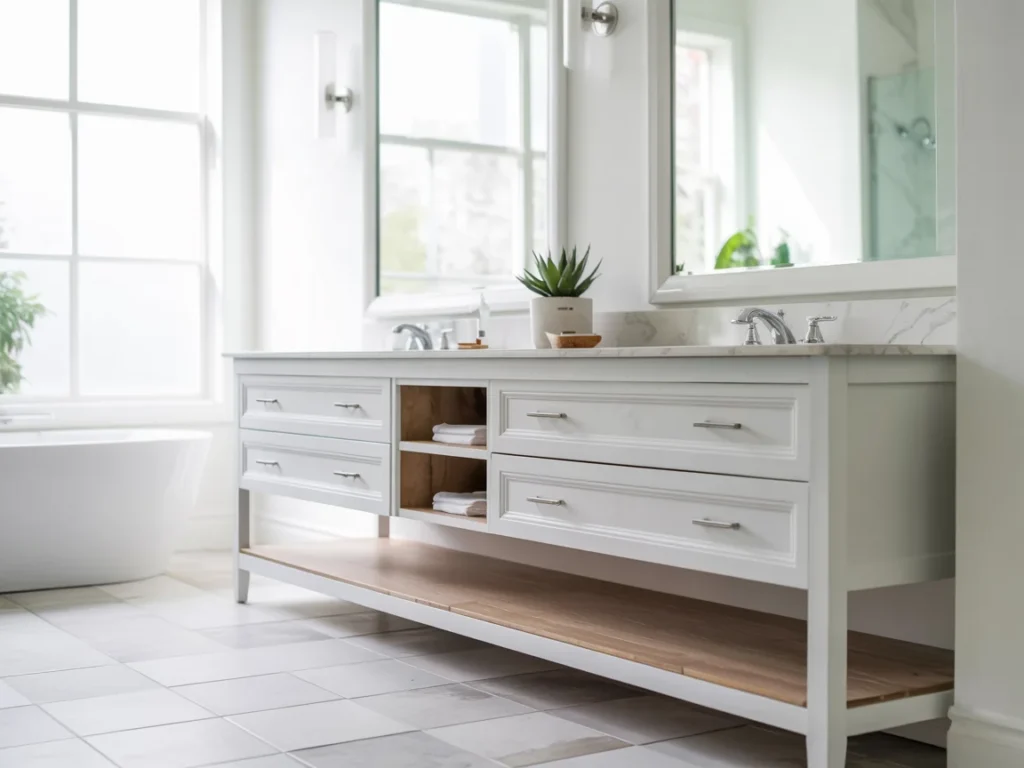 Sleek beige tiled bathroom featuring a glossy wall mounted vanity with drawers.