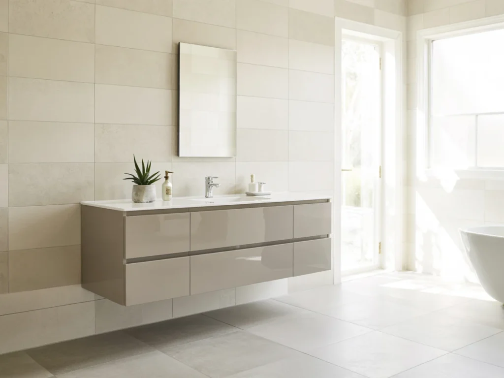 Bright, modern bathroom with a floating wall mounted vanity and natural sunlight.