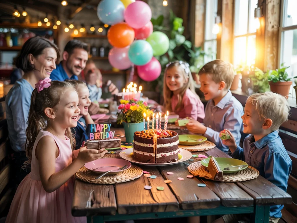 Family birthday party with children and adults sharing a dining bench