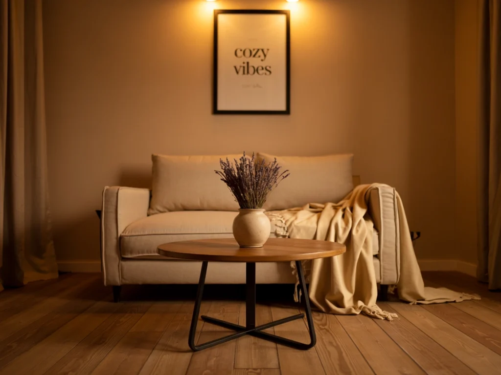 small living room with wooden round coffee table