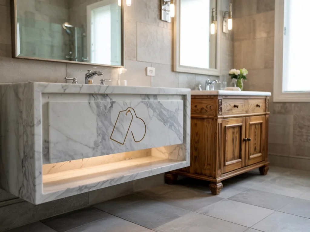 Luxury bathroom showing a marble wall mounted vanity next to a traditional wood cabinet.