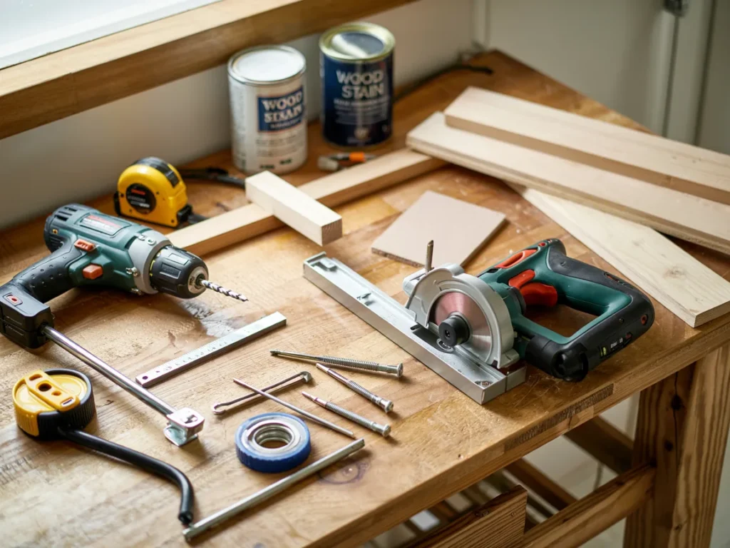 DIY woodworking tools and materials for building a custom wall mounted bathroom vanity.
