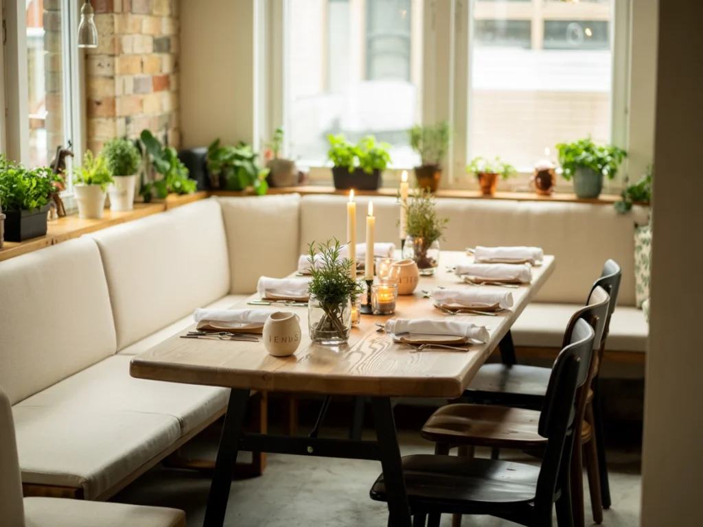Lively brunch scene with family gathered on a dining bench