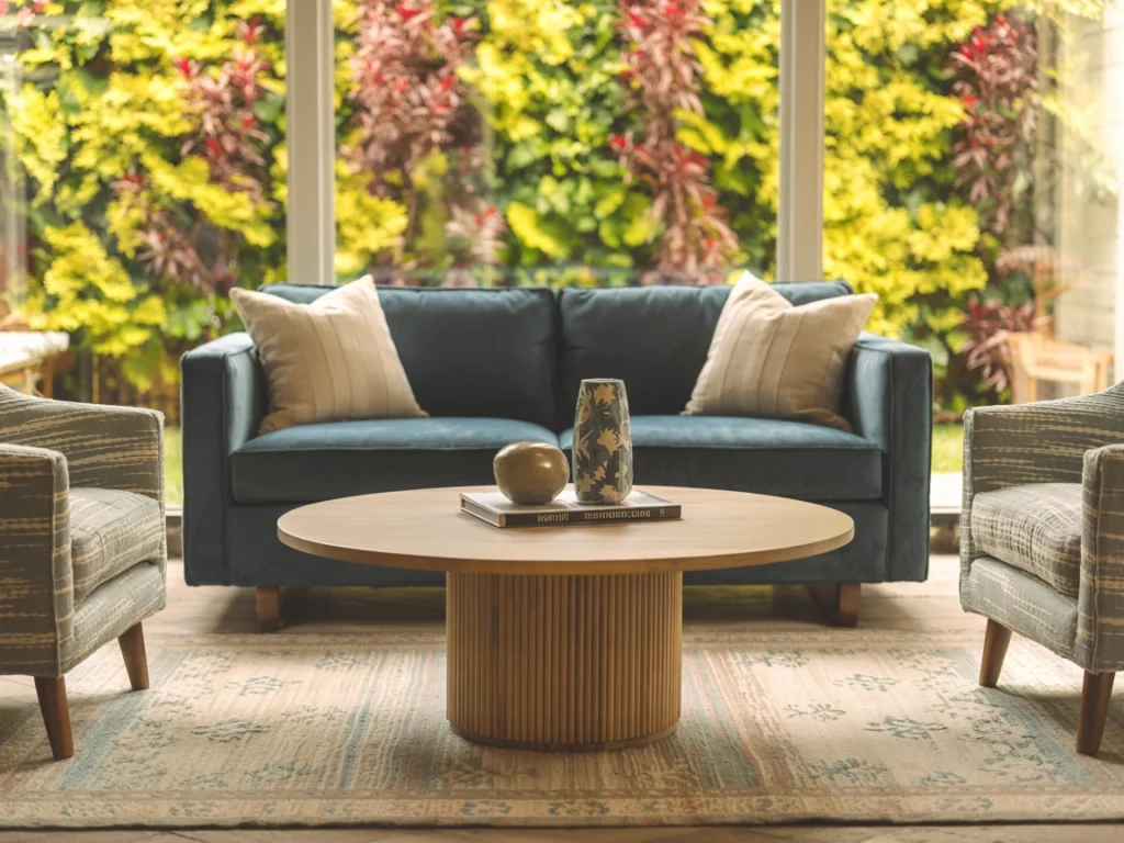 coordinated living room furniture height with round wood coffee table