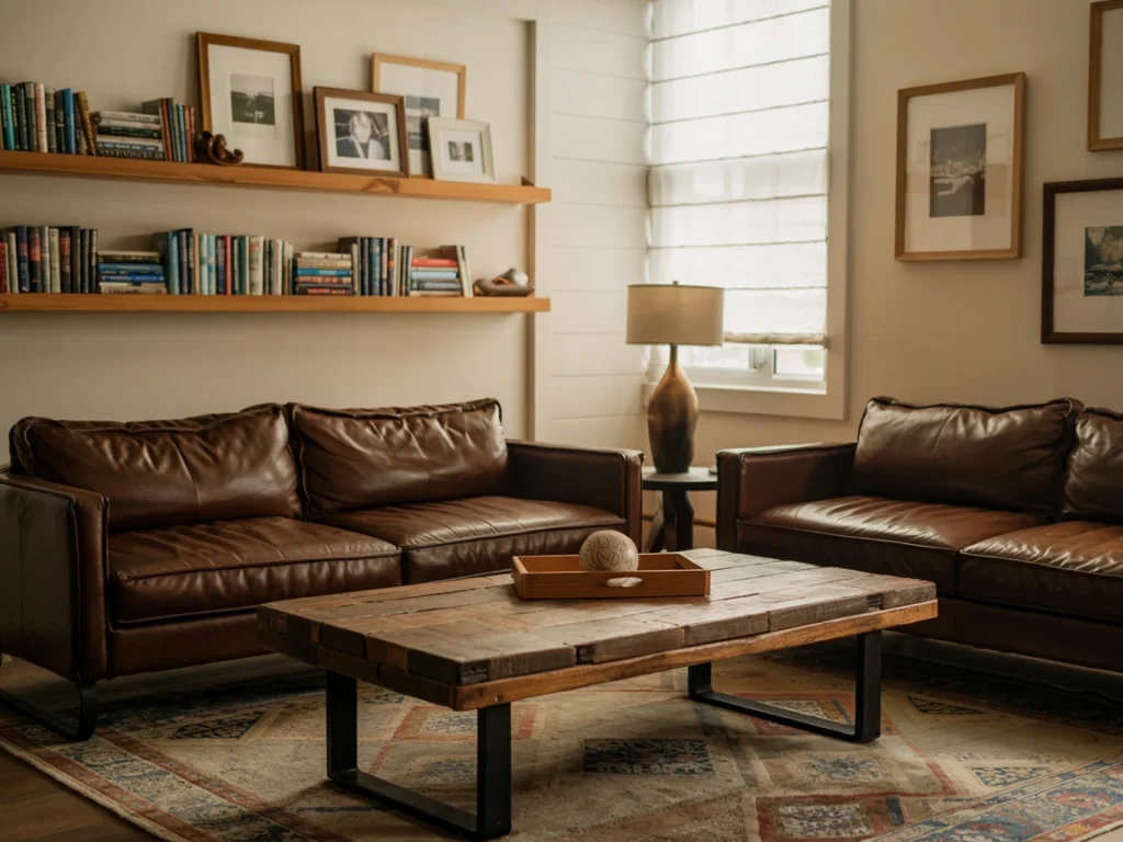 wood-toned accents matching round coffee table in living room