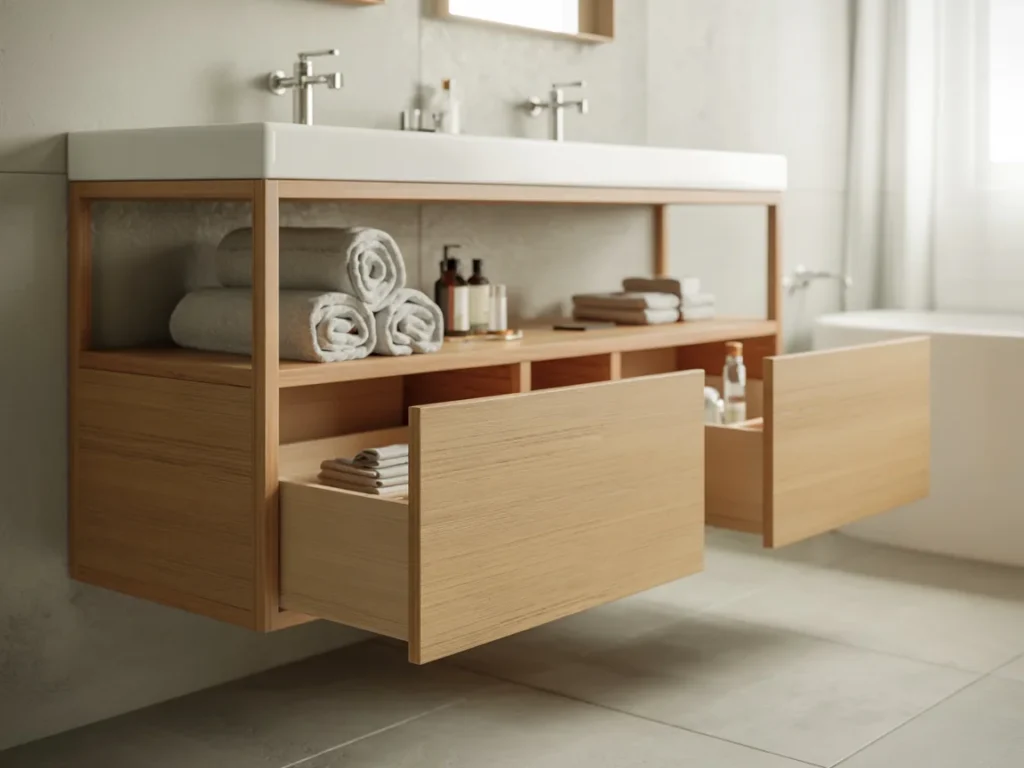 Floating bathroom vanity in mid-construction with exposed brackets and wall studs.