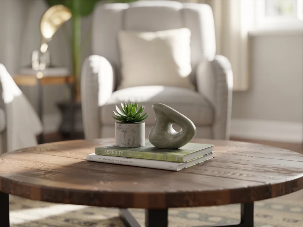 round wood coffee table decor grouped in threes