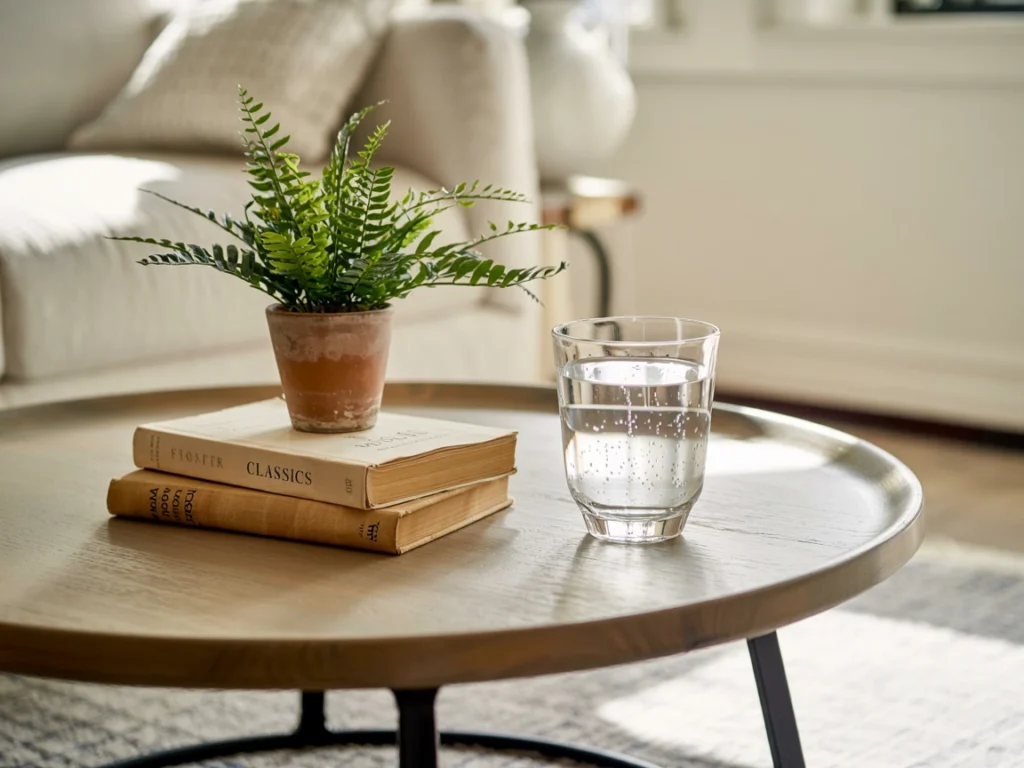 round wood coffee table styled with plant and decor