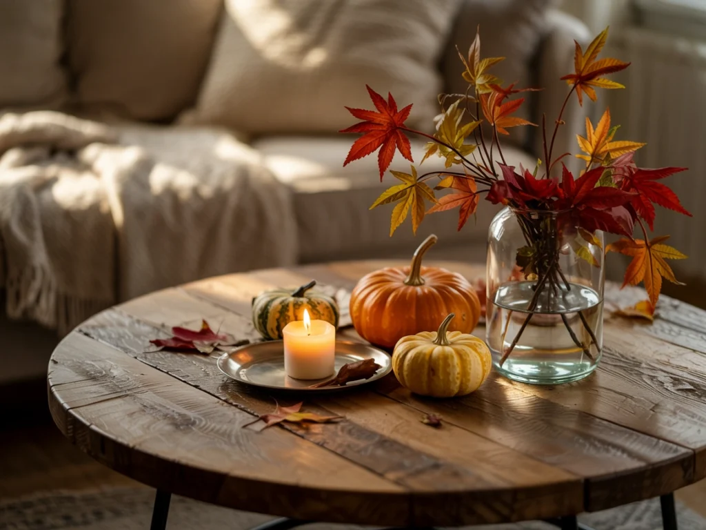 seasonal styled wooden round coffee table with fall accents
