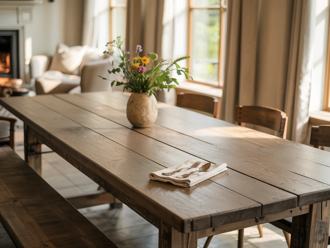 Cozy dining room with wooden table and bench seating in a warm, modern rustic style