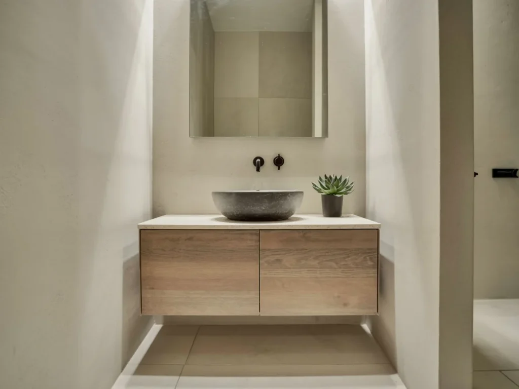Small modern bathroom featuring a minimalist wall mounted bathroom vanity with a stone vessel sink.