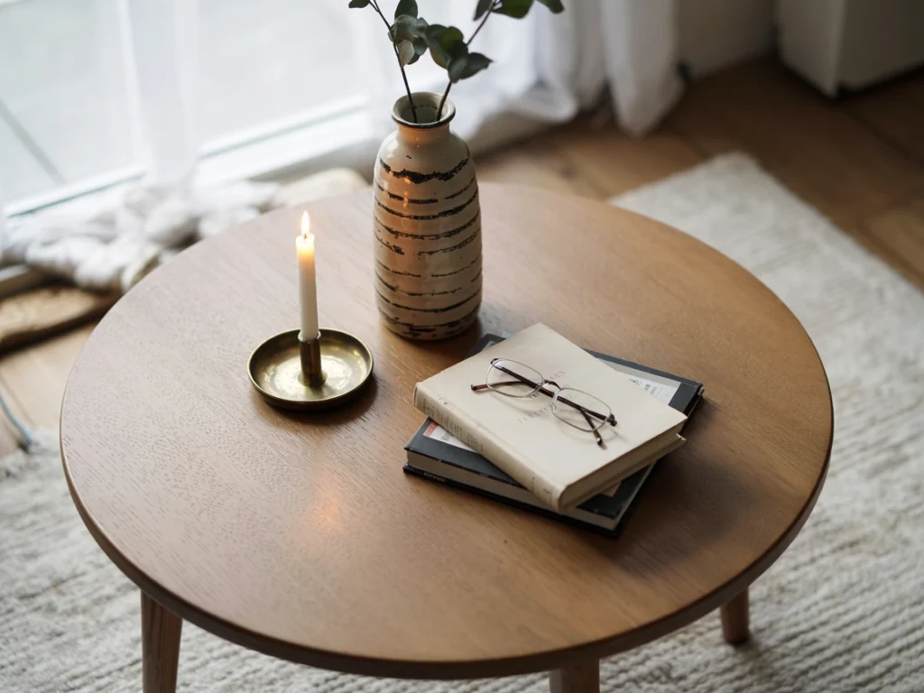wooden round coffee table decor levels styled