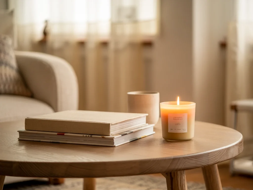 wooden round coffee table styled with coffee table books