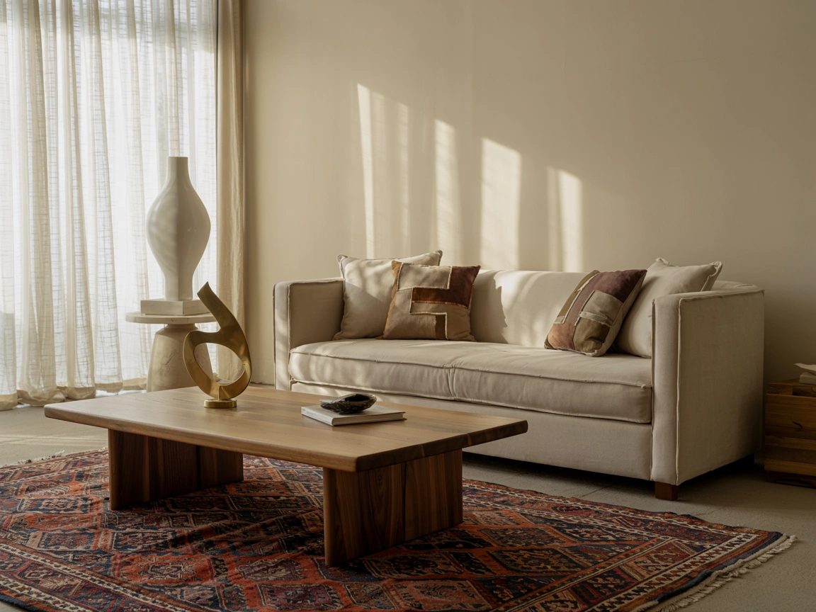 Spacious living room with neutral-toned luxury living room furniture and contemporary art on the walls.