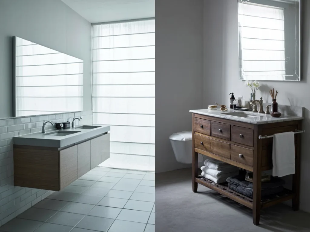 Split view of a floating wall mounted vanity beside a traditional wood vanity in a soft-lit bathroom.