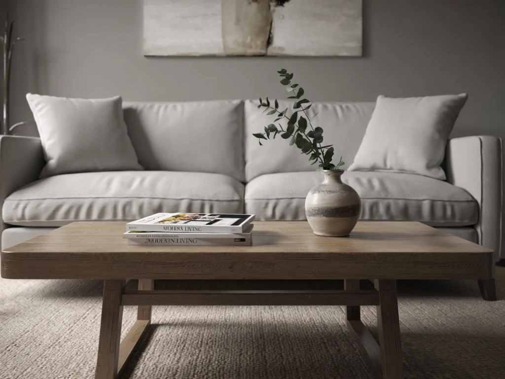 Luxury living room furniture on display in a designer showroom, featuring tufted sofas and premium wood tables.