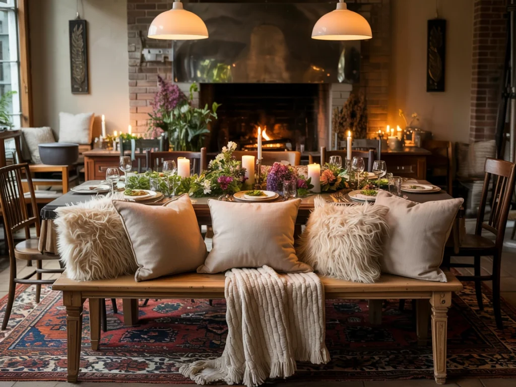 Dining bench styled with colorful cushions and mixed material finishes