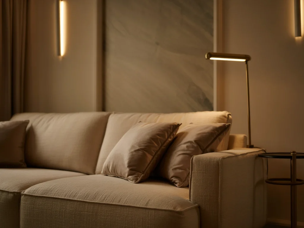 Minimalist interior highlighting luxury living room furniture with layered textures and modern design.