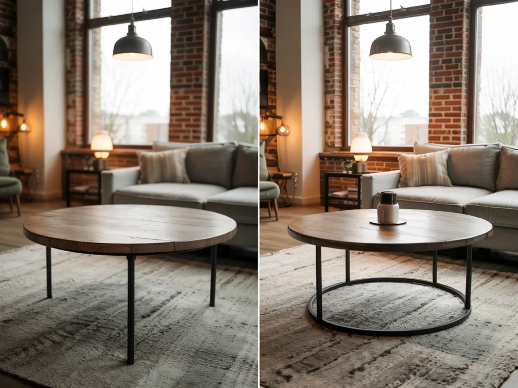 solid wood round coffee table with metal legs