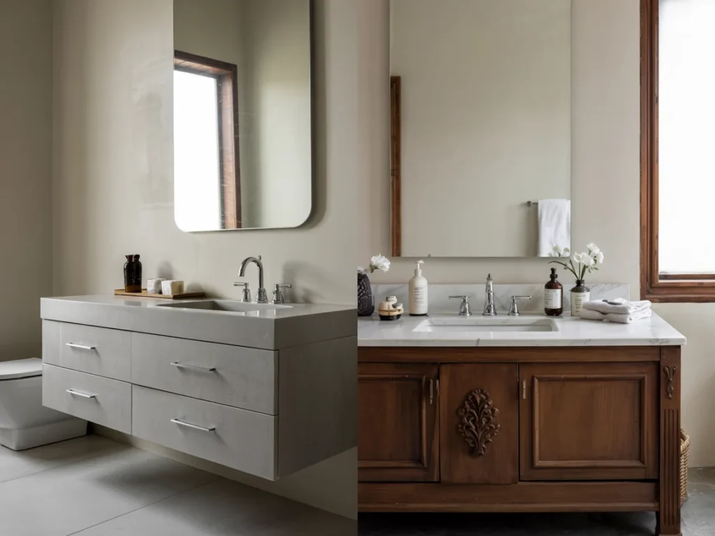 Modern bathroom showing a glossy wall mounted vanity next to a classic freestanding vanity with carved wood.