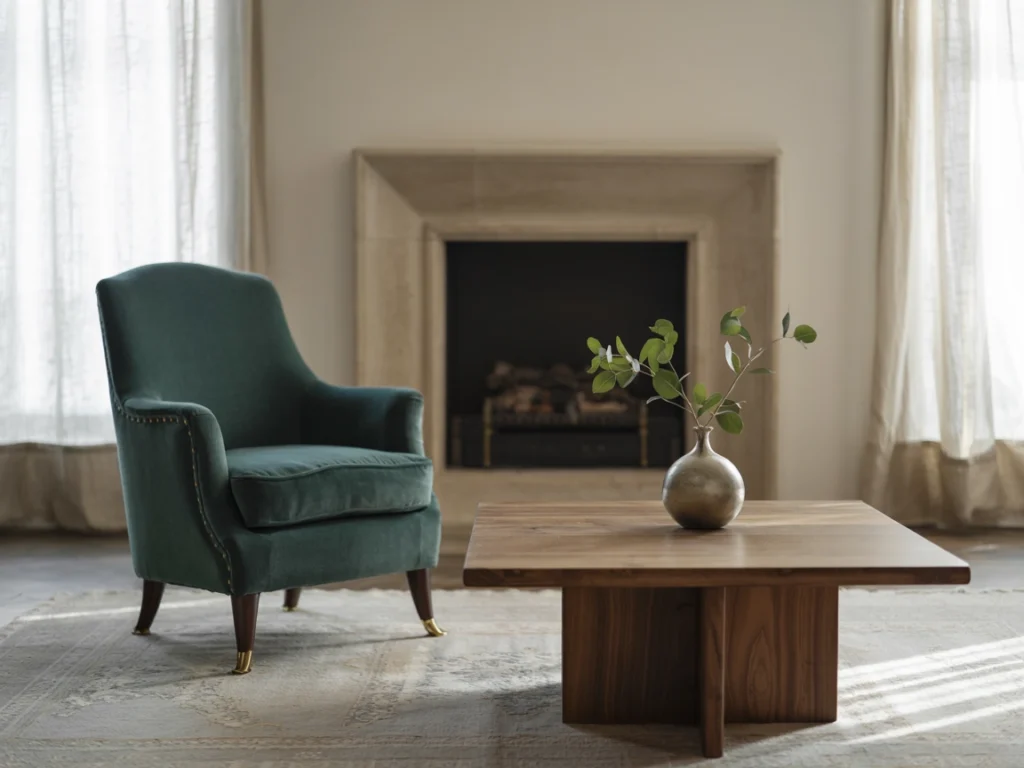 Curated space mixing affordable and luxury living room furniture in warm tones and balanced layout.