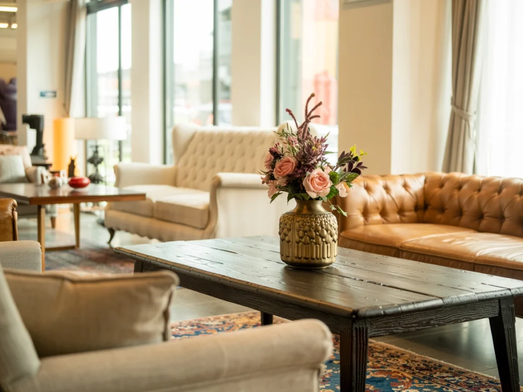 Branded luxury living room furniture arranged in a bright showroom with diverse sofa styles.