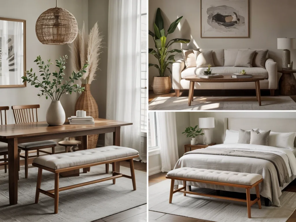 Bench reused in three settings: dining room, living room, and bedroom