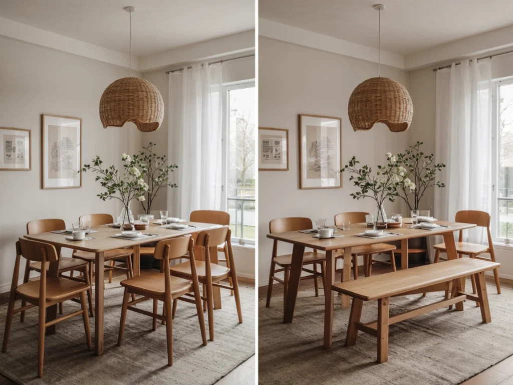 Comparison between bulky dining chairs and a sleek bench tucked under a table