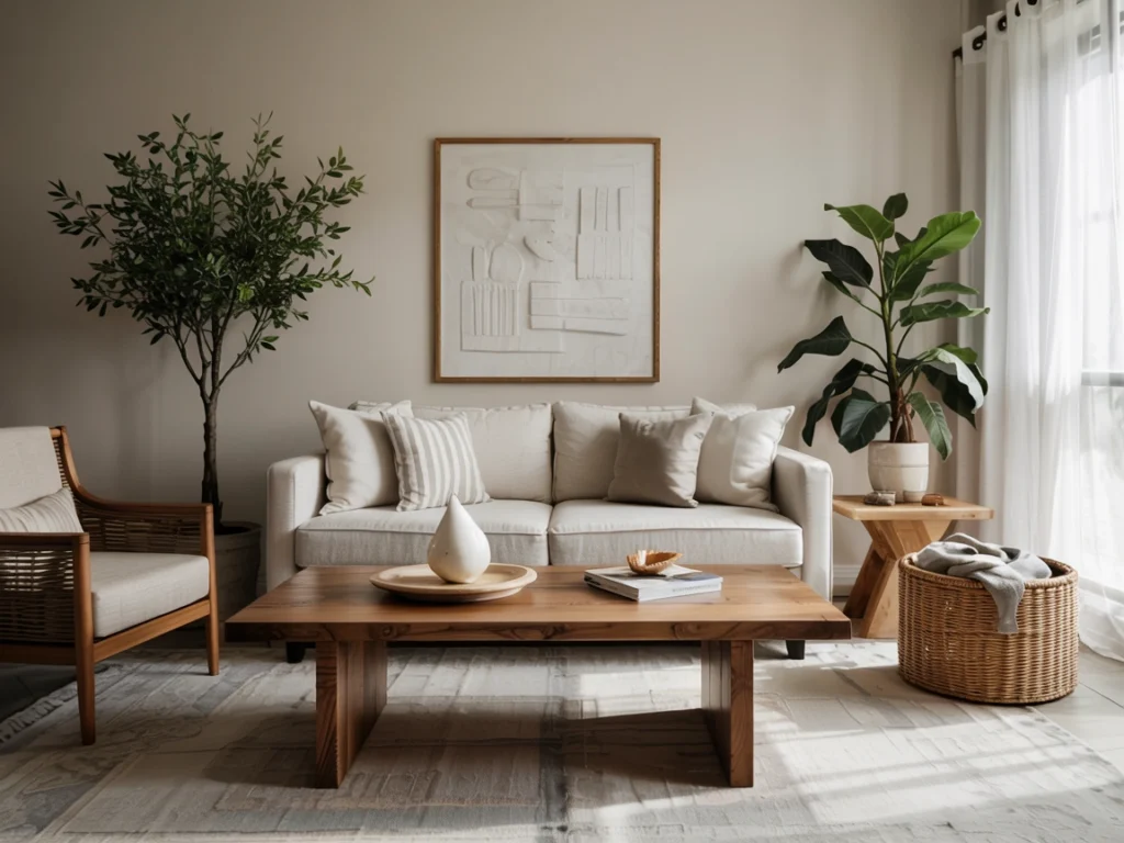 Stylish and bright space combining affordable and luxury living room furniture with natural textures and neutral tones.