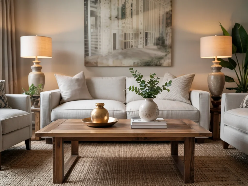 Modern neutral-toned living room featuring affordable yet elegant luxury living room furniture with greenery and warm lighting