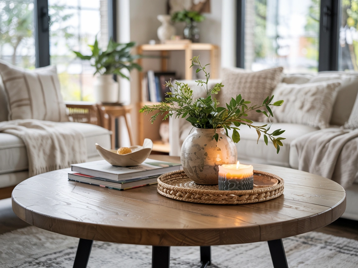 wooden round coffee table styled with books, vase, and candle in cozy modern living room