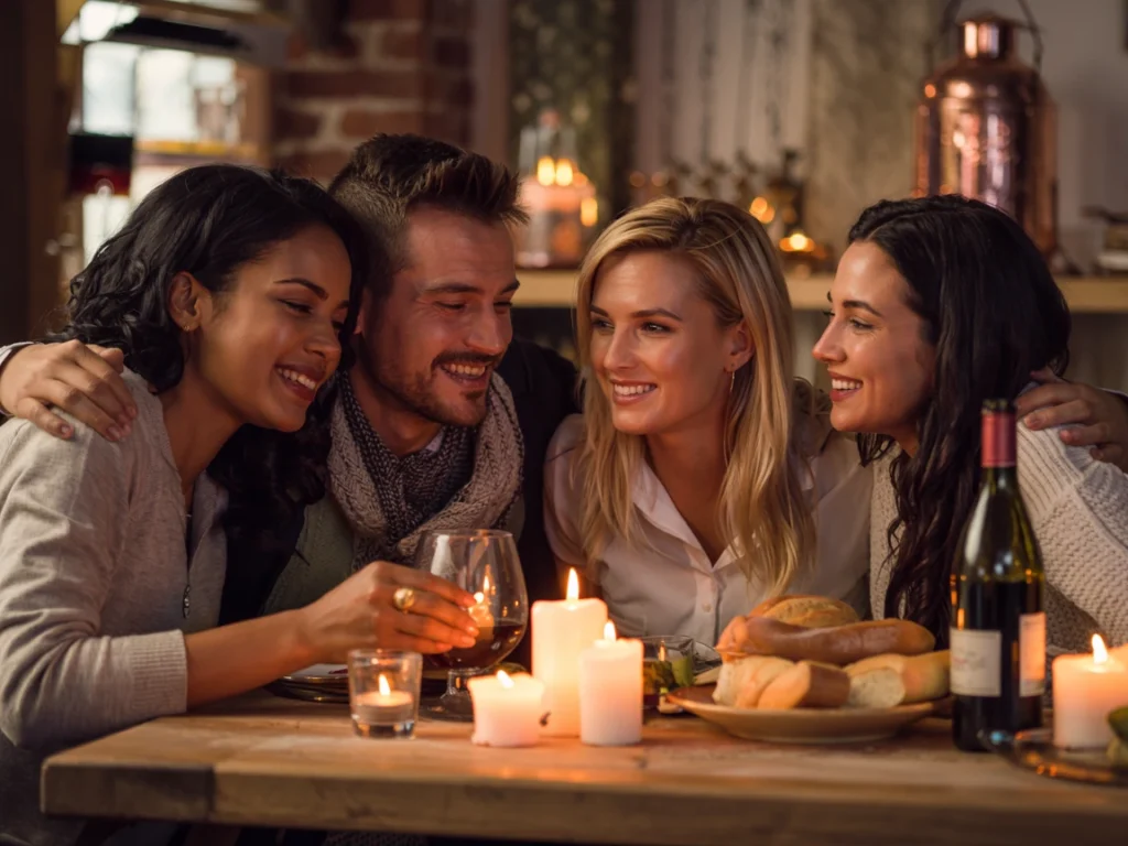 Close-up of friends leaning toward each other on a bench while laughing during dinner