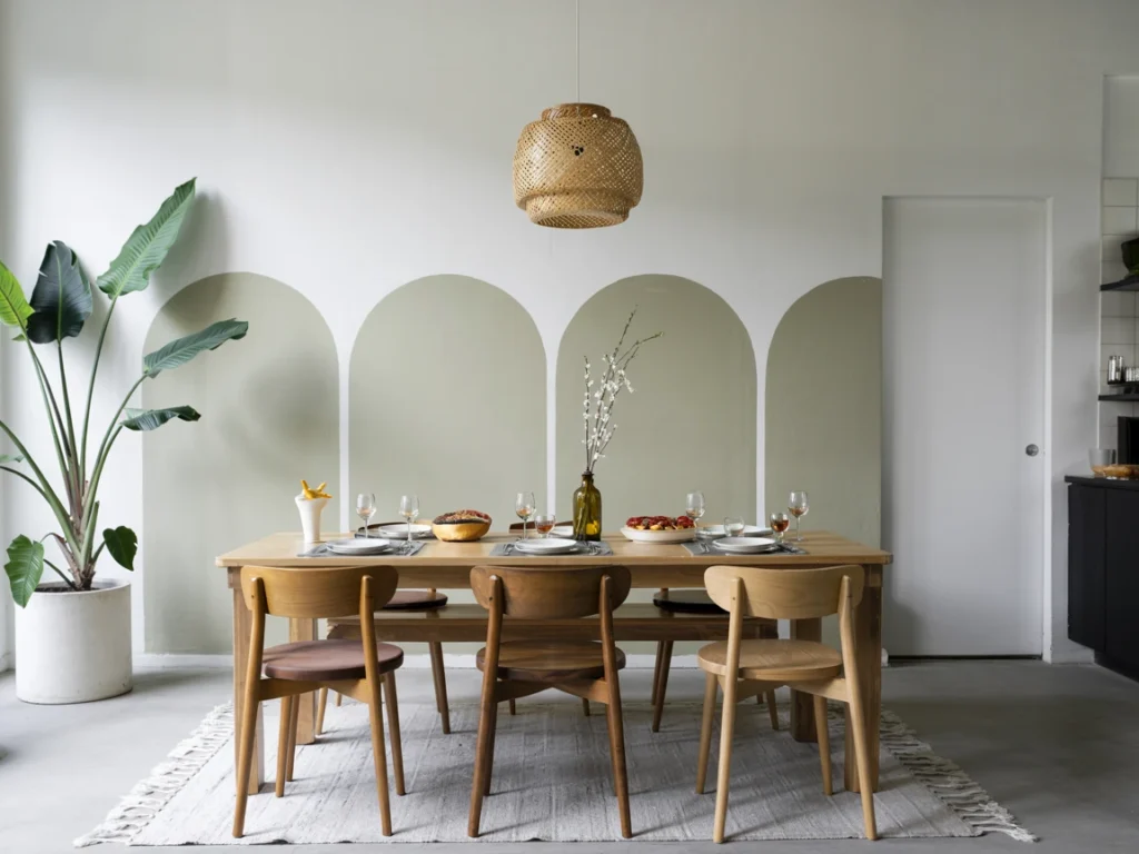 Stylish dining area with welcoming bench seating and soft natural lighting