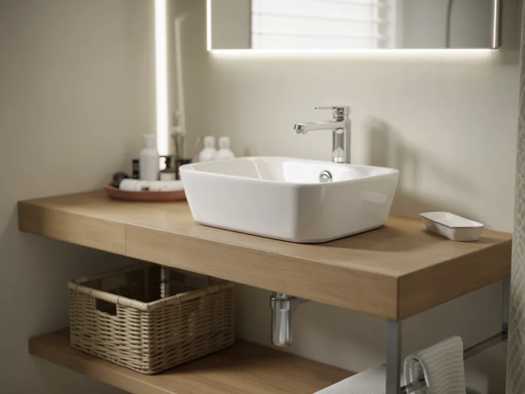 Close-up of a light wood wall mounted bathroom vanity with a vessel sink and woven basket underneath.