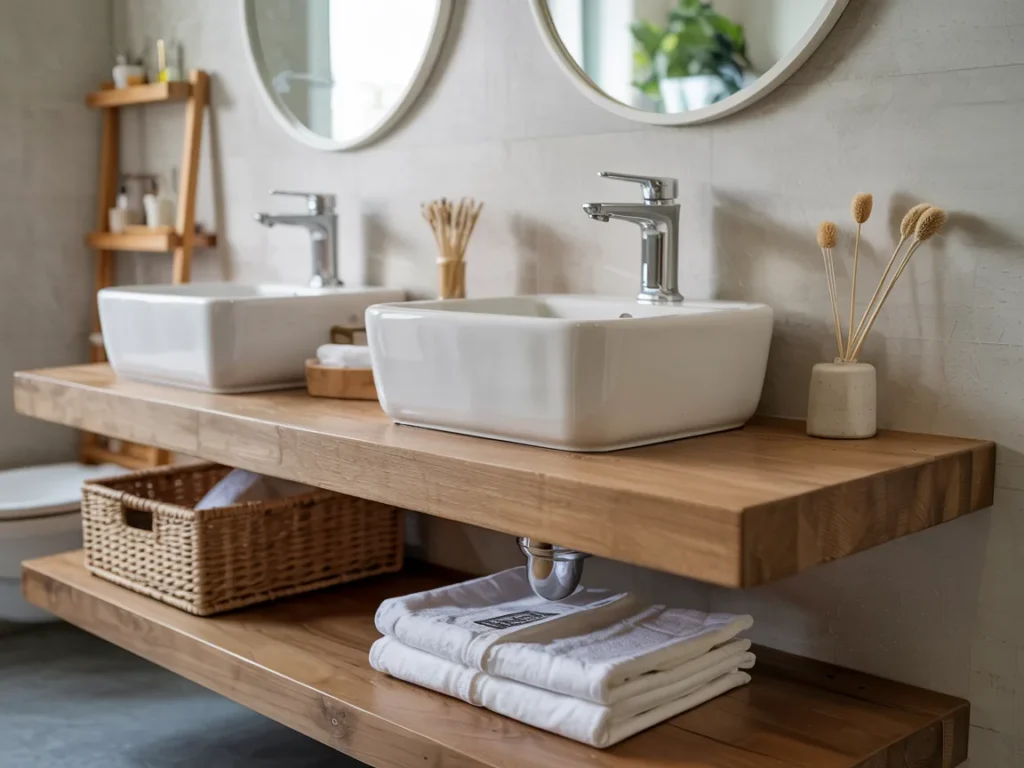 Floating dual-sink wall mounted bathroom vanity with thick wooden shelves and spa-style decor.