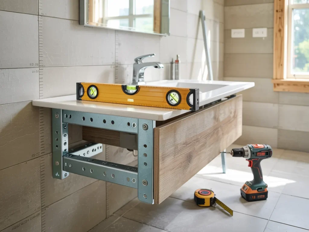 Wall mounted bathroom vanity being aligned with a level and tools during professional DIY installation.