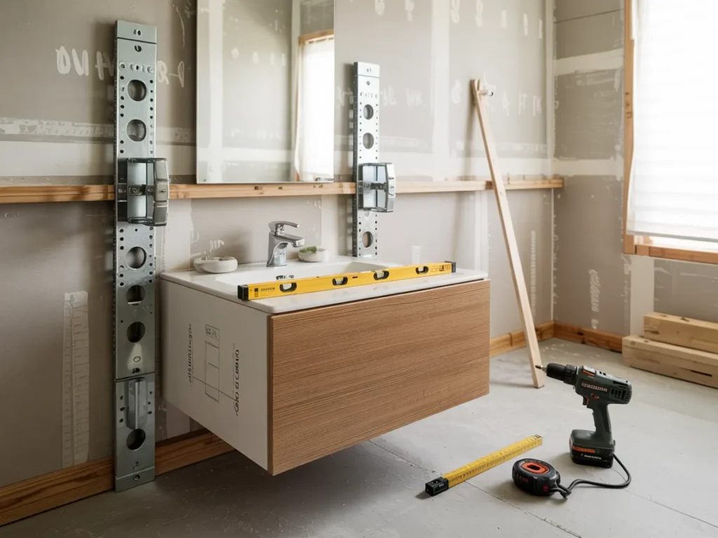 Bathroom renovation scene showing brackets and level used to install a wall mounted vanity.