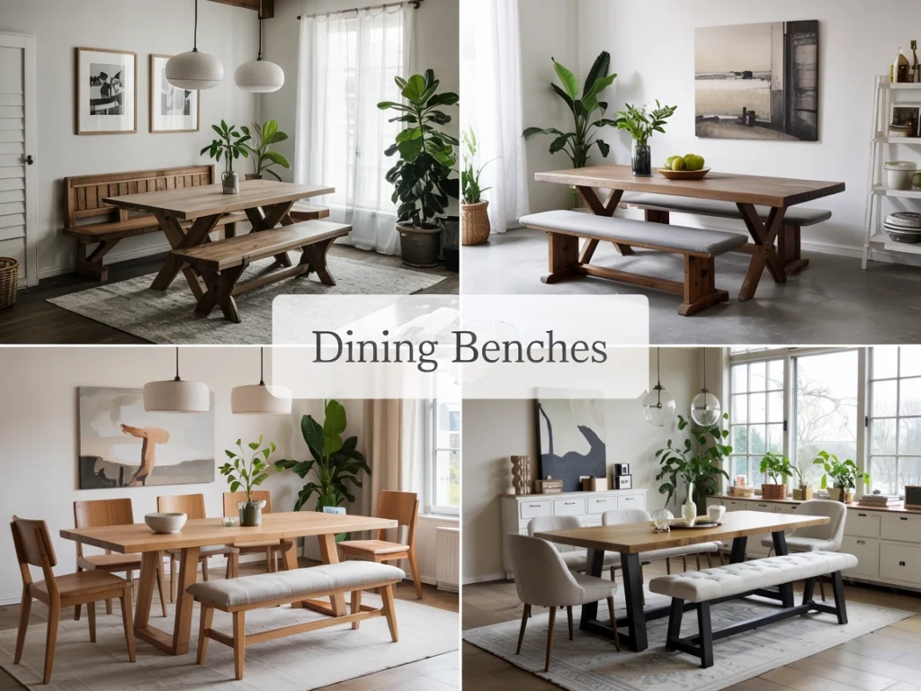 Four different bench styles: rustic, modern, industrial, and elegant in one visual