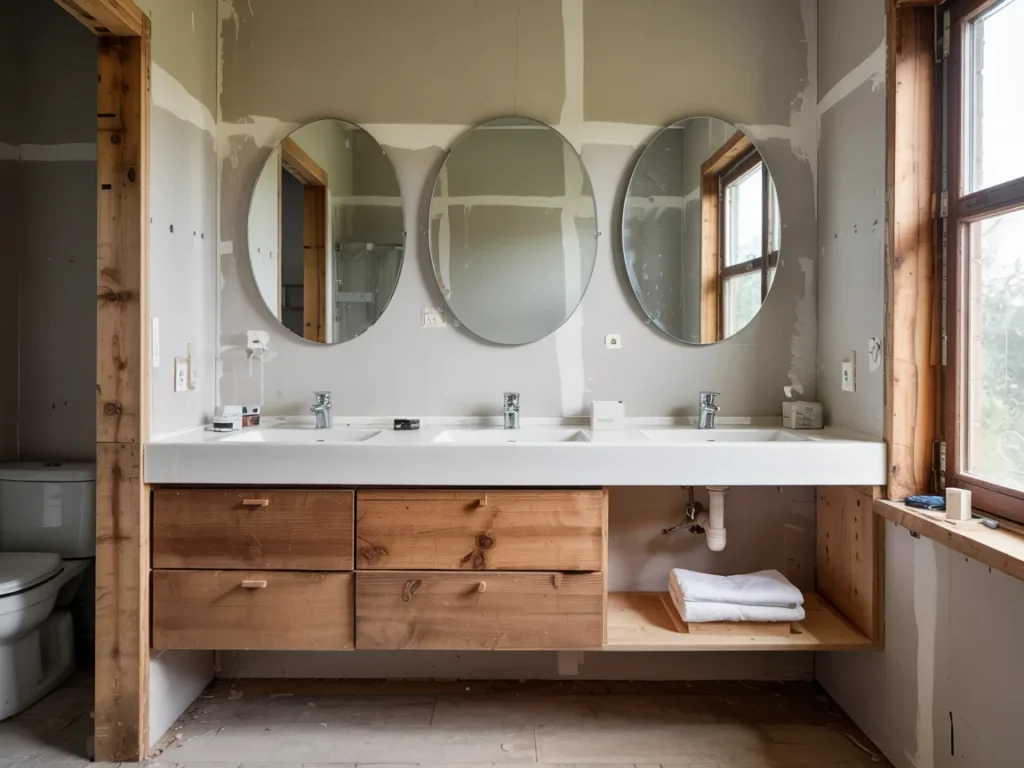 Partially finished floating vanity setup with drawers and plumbing access in a bathroom under construction.