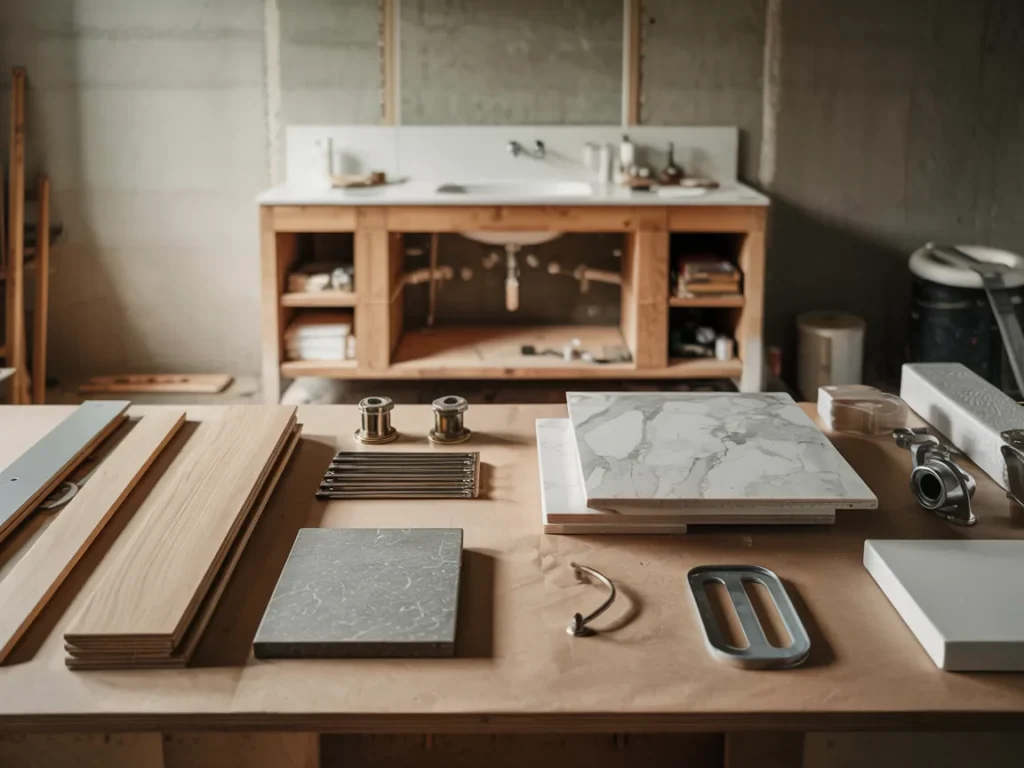 DIY project table with wood panels, tile samples, and fixtures in front of a half-built wall mounted vanity.
