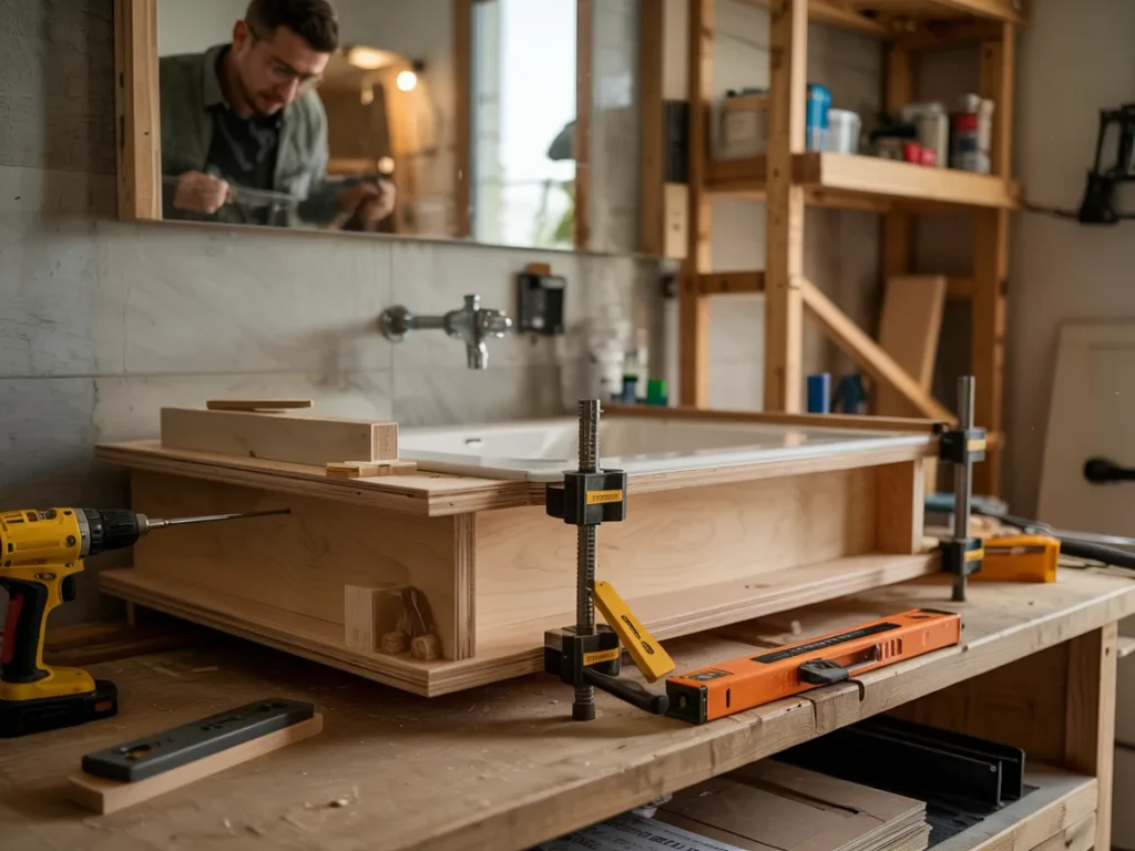 Man building a custom wall mounted bathroom vanity with clamps, level, and drill on a workshop table.