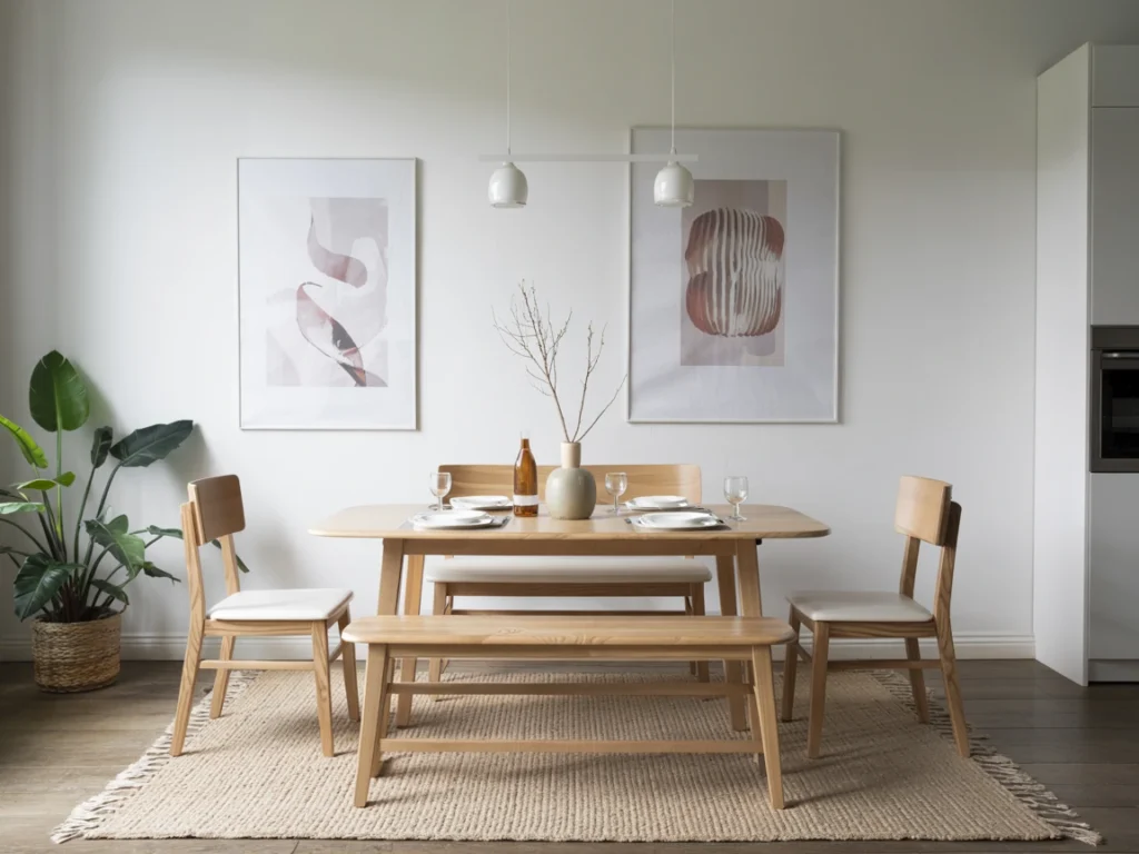 Compact dining area with a bench tucked under the table to save space