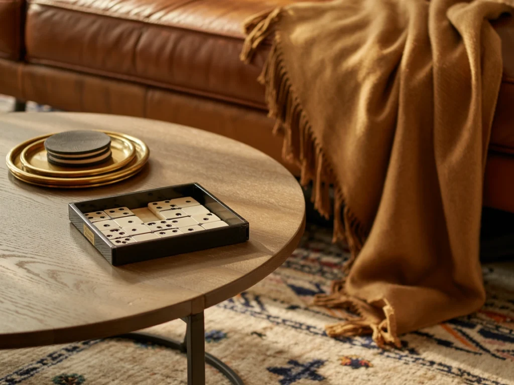 round wooden coffee table with casual game decor