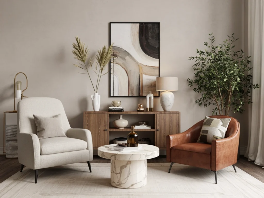 Elegant living room featuring modern luxury living room furniture with sculptural accent chairs and a marble coffee table.